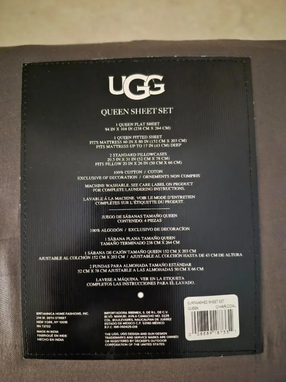 UGG Surfwashed/ Sunwashed Cotton Sateen Sheets, Queen, Charcoal, New with Tag